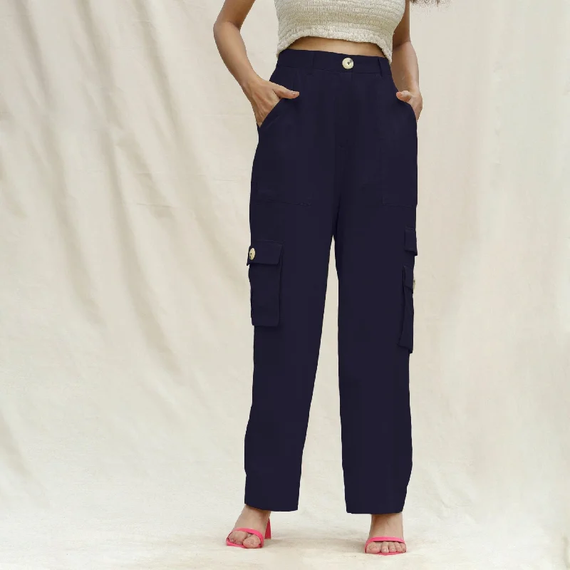 Bargain Blast Navy Blue Cotton Flax Elasticated High-Rise Cargo Pant