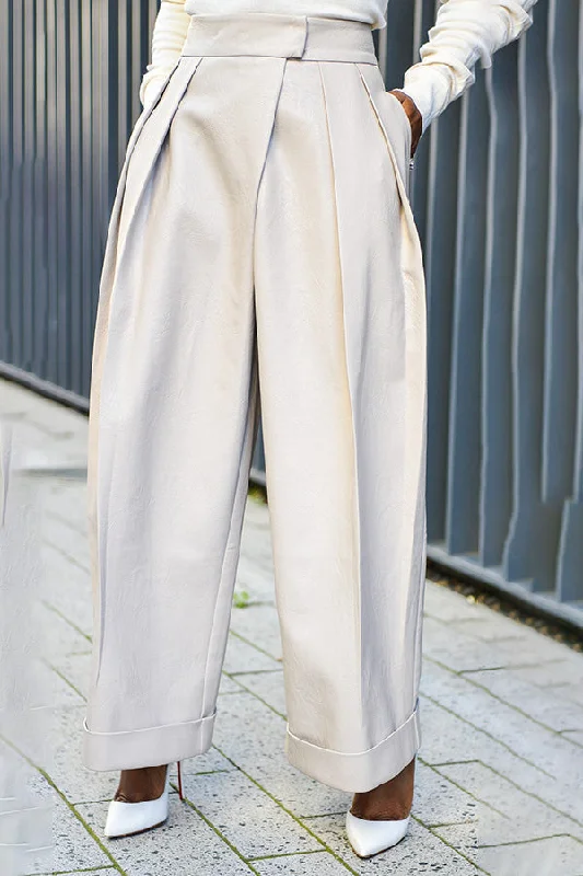 Exclusive Preview Fashion PU Pleated High Waist Pants