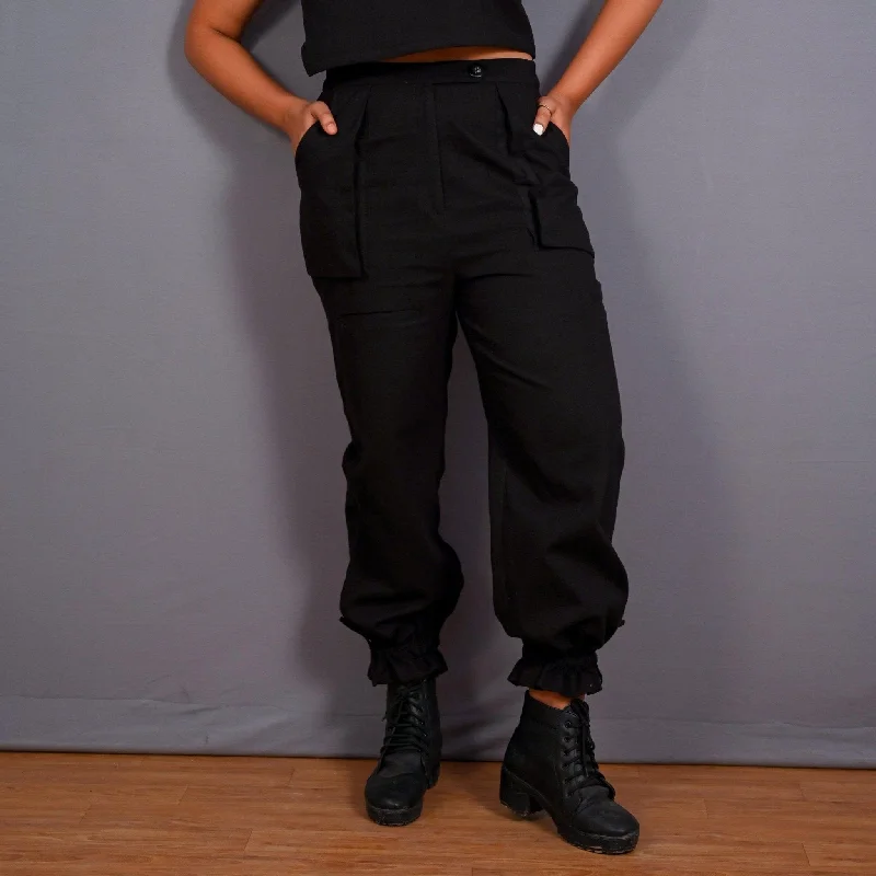 Special Promotion Black Warm Cotton Flannel High-Rise Convertible Jogger Cargo Pant