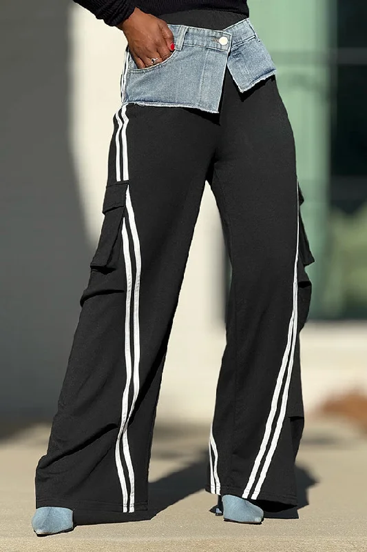 Unwind with Weekend Discounts Fashion Functional Pockets Wide Leg Denim Patch Joggers