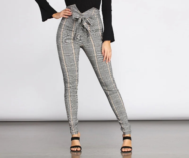 Hurry In High Rise Tie Waist Plaid Skinny Pants