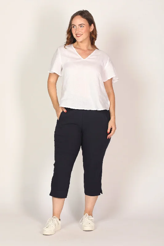 Doorbuster Deal Petite Length Cropped Stretch Capri Pant in Navy