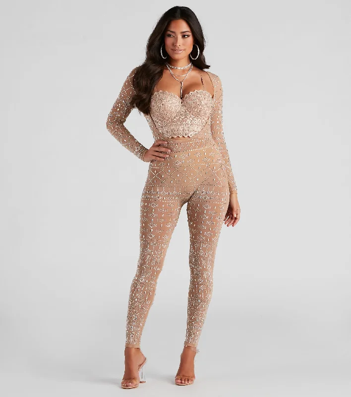 Weekend Bargains to Sizzle Iridescent Stunner Rhinestone-Embellished Sheer Catsuit