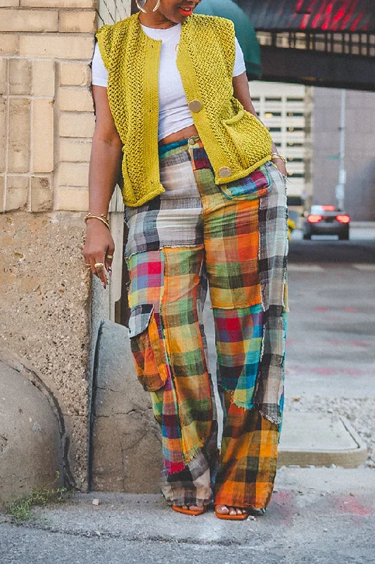 Overstock Sale Designer Plaid Color Blocked Straight Leg Pants