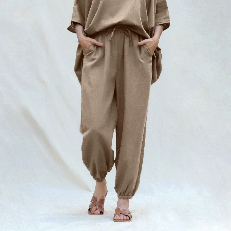 Lowest Prices Beige Cotton Flax High-Rise Elasticated Jogger Pant