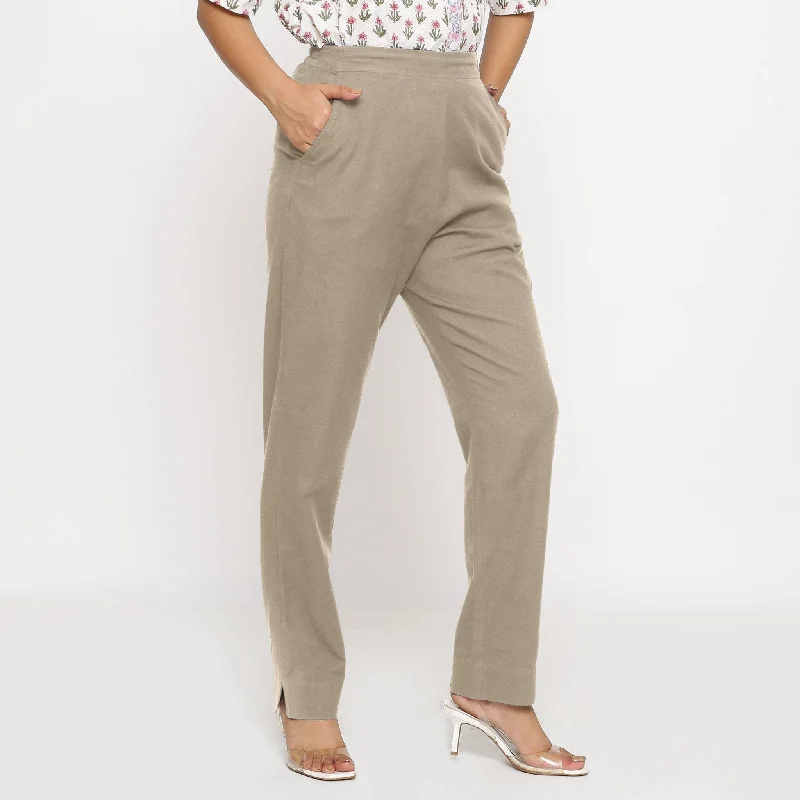 Savings Galore Beige Cotton Flax Elasticated Mid-Rise Tapered Pant