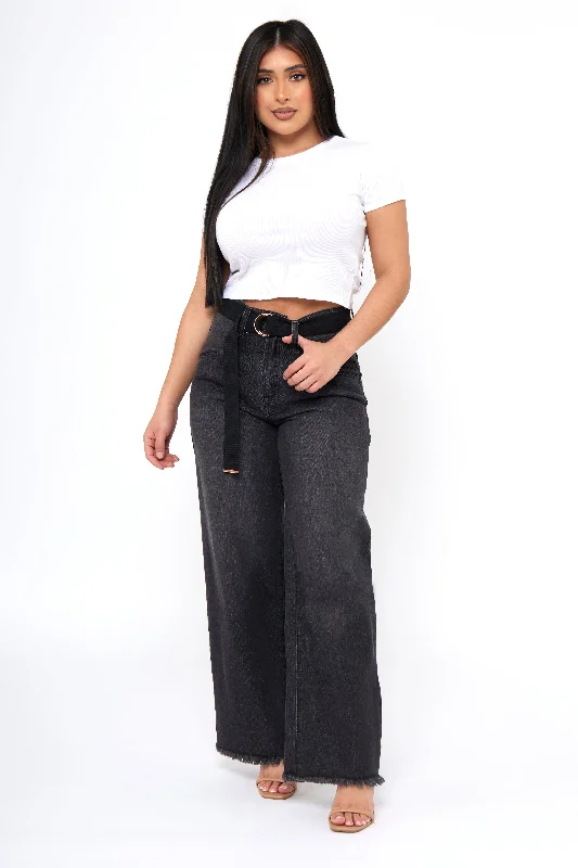 Fantastic Offers Denim Skater Jeans with Pleats, Raw Hem and Skater Belt