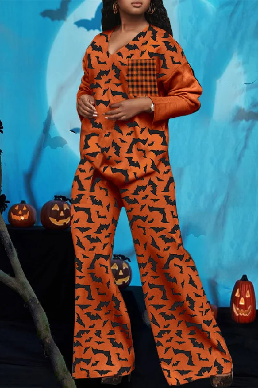 Discount Days Halloween Orange Bat Pattern Top & Pants Set