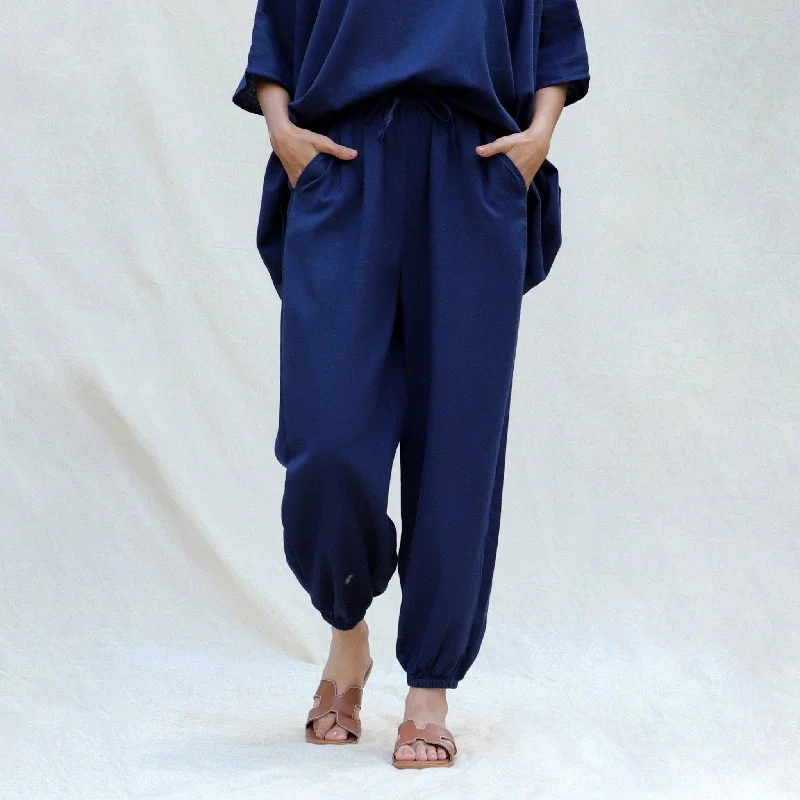 Exclusive Preview Navy Blue Cotton Flax High-Rise Elasticated Jogger Pant