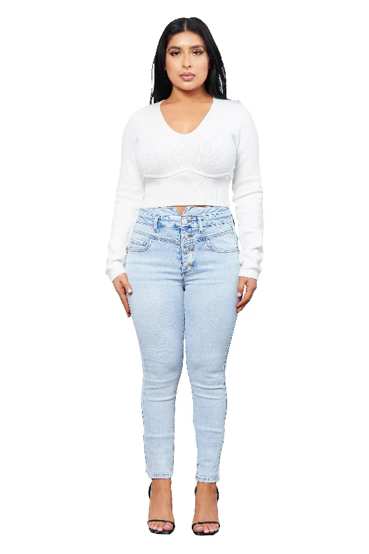 TIME-Limited Offer High Rise V Yoke Button Fly Skinny Denim Pants