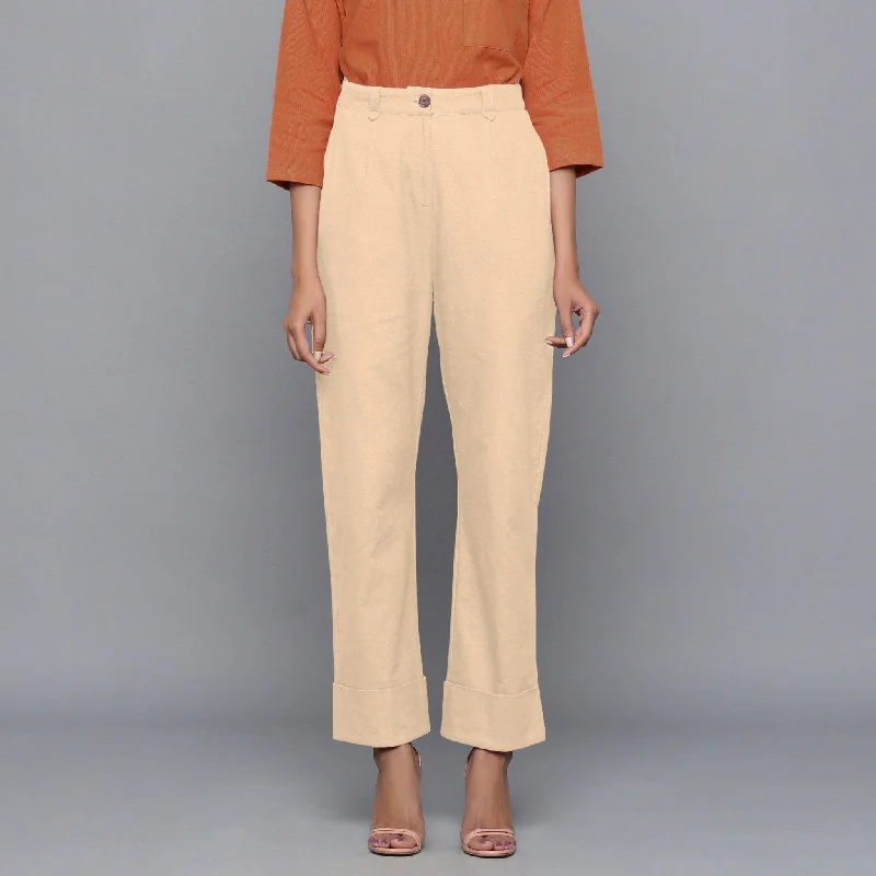 Special Offer Beige Warm Cotton Flannel High-Rise Rolled-up Pant