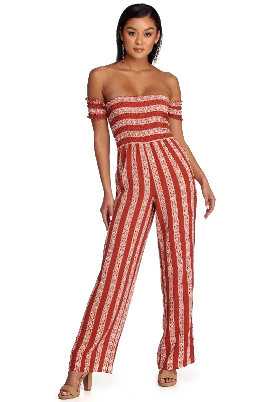 Exclusive Savings Smocked And Striped Jumpsuit