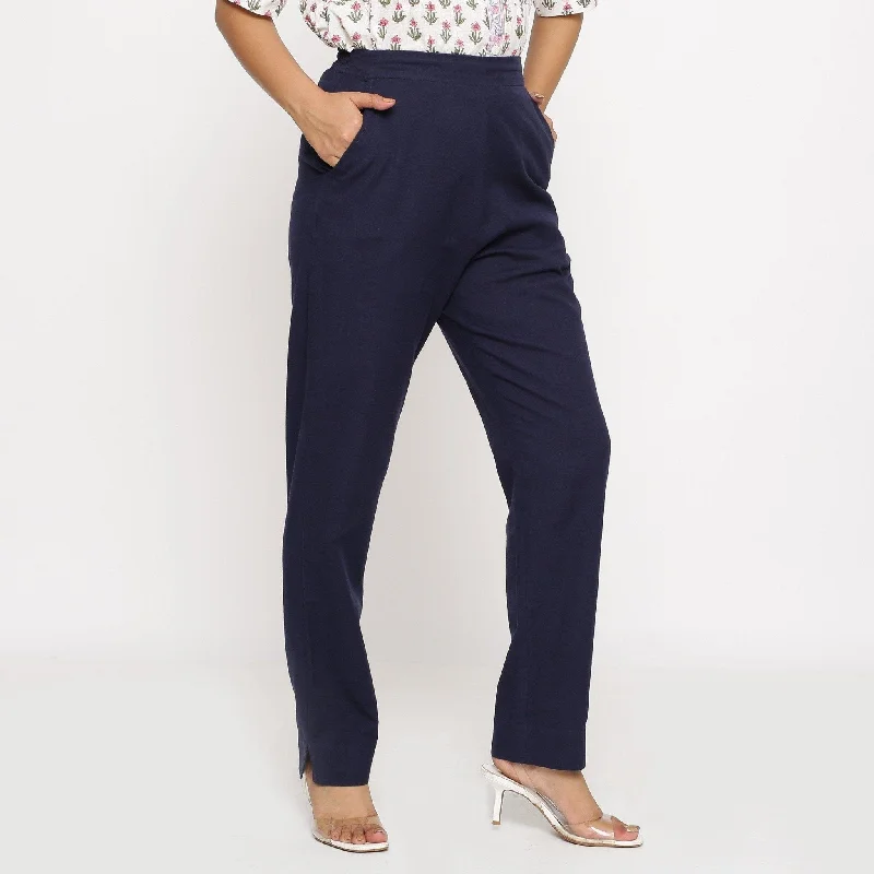 Early Bird Discount Navy Blue Cotton Flax Elasticated Mid-Rise Pant