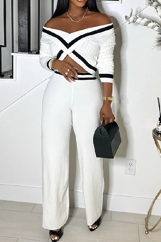Big Savings Striped Paneled Off Shoulder Knit Top & Pants Set
