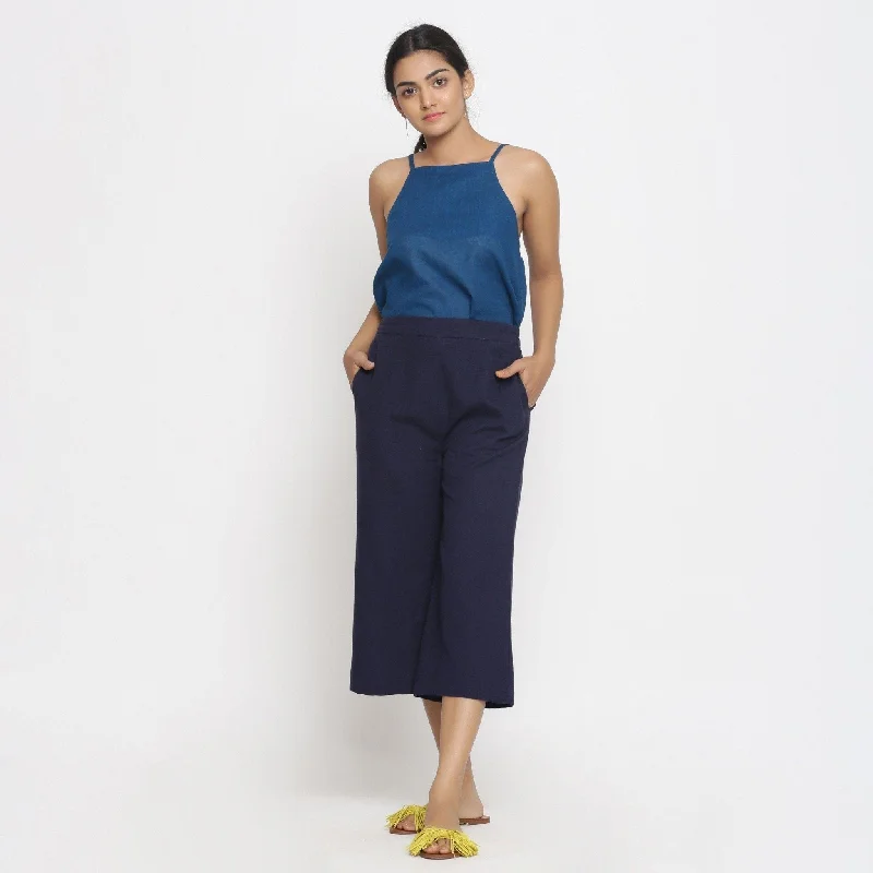 Exclusive Deal Navy Blue Cotton Flax Mid-Rise Elasticated Culottes