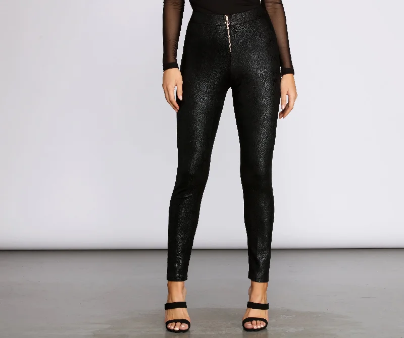 Weekend Bargains Just for You Zip Front Snake Print Coated Leggings