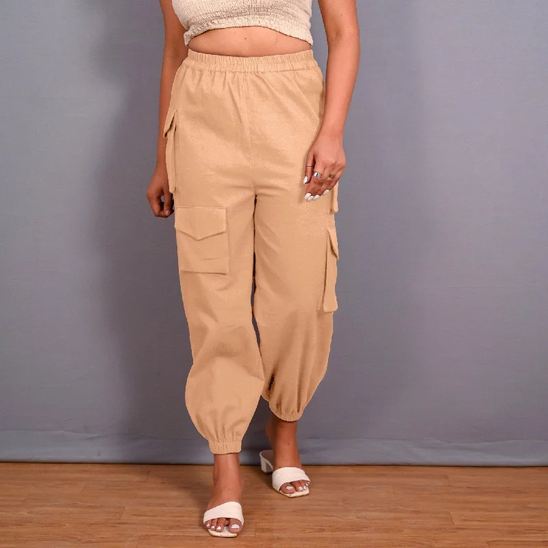 Massive Deals Beige Warm Cotton Flannel Elasticated Cargo Jogger Pant