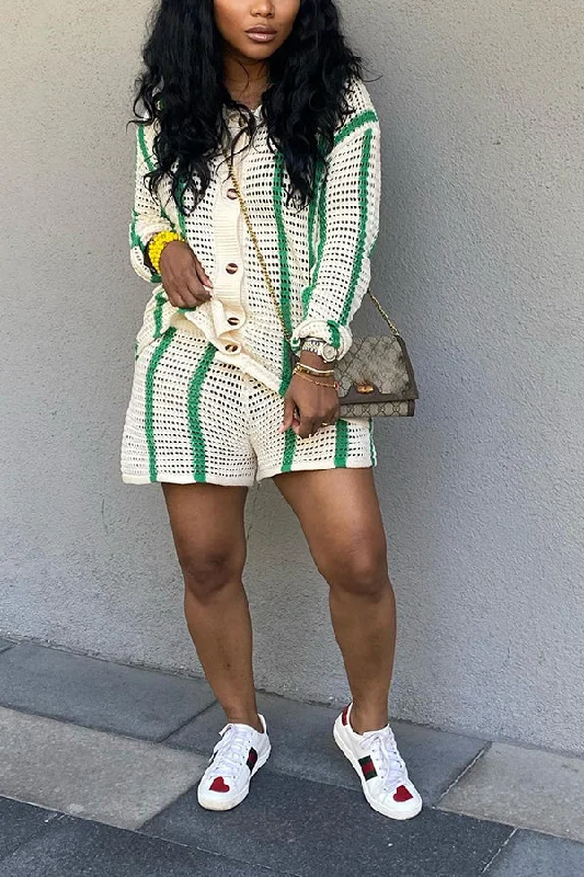Crazy Deal Casual Stripe Crochet Shorts Set