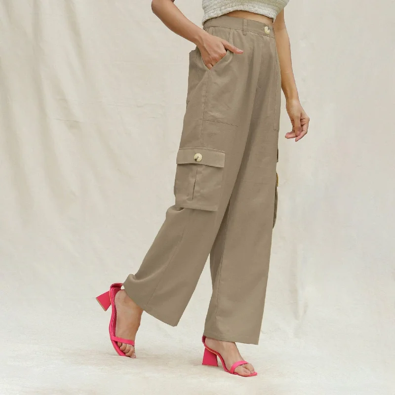 Unmissable Offer Beige Cotton Flax Elasticated High-Rise Cargo Pant