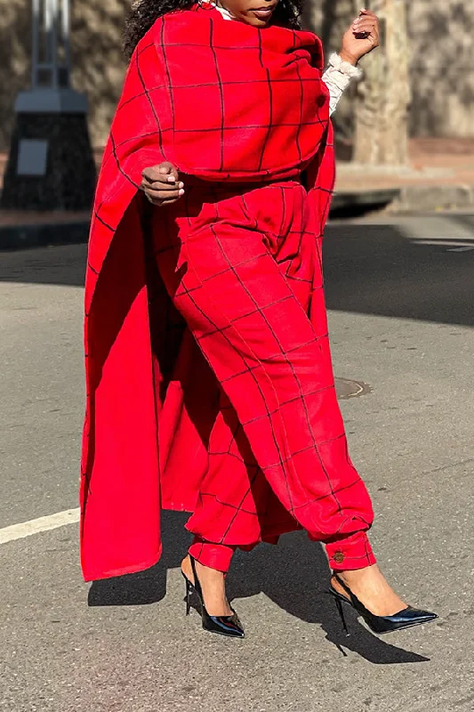New Markdowns Stylish Plaid Poncho & High-waist Pants Set