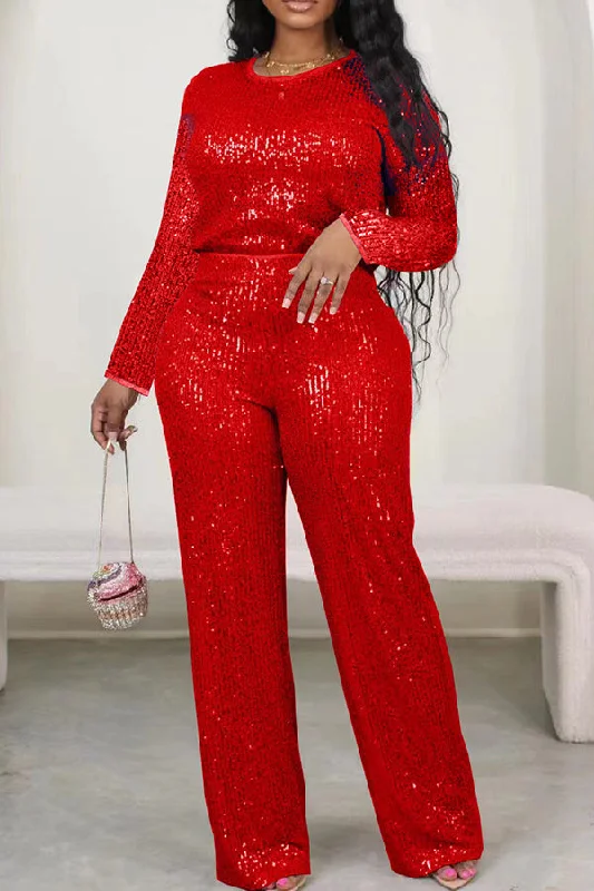 Super Deal Sparkly Round Neck Sequin Top & Pants Set