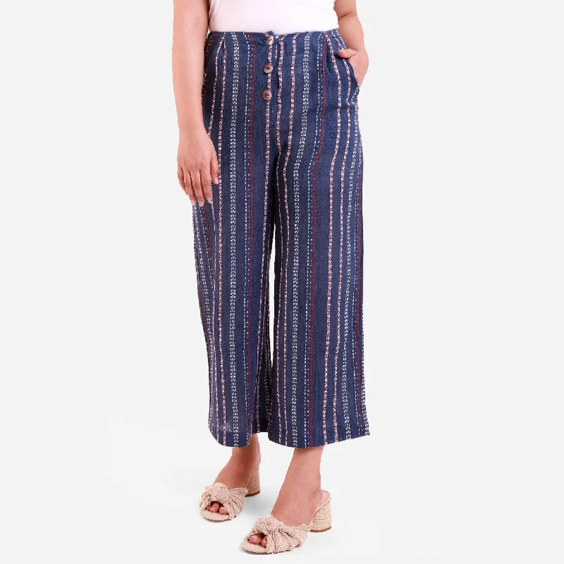 Weekend Extravaganza: Shop Now Navy Blue Striped Crinkled Cotton Mid-Rise Culottes
