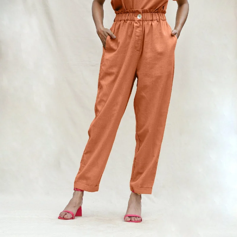 Must-Have Deals Orange Handspun Cotton High-Rise Elasticated Paperbag Pant