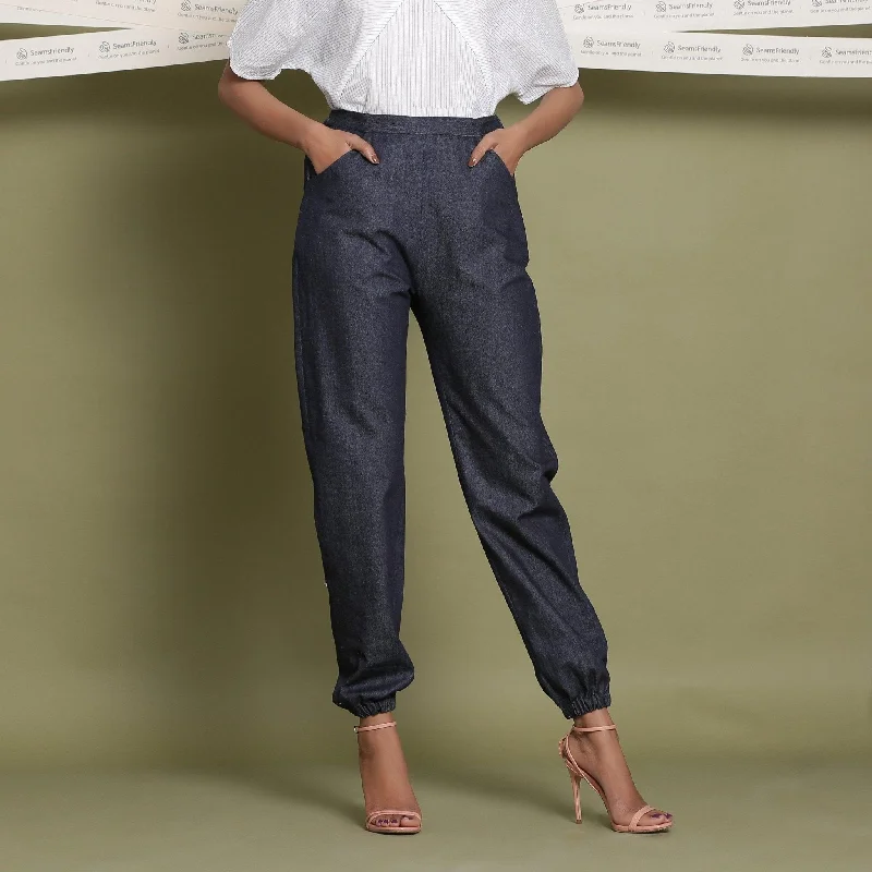 Hurry In Indigo Cotton Denim Elasticated Mid-Rise Jogger Pant