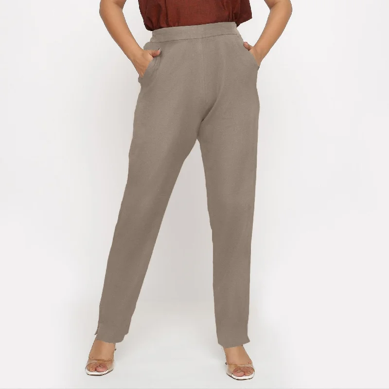 Lowest Price Beige Cotton Flax High-Rise Elasticated Tapered Pant