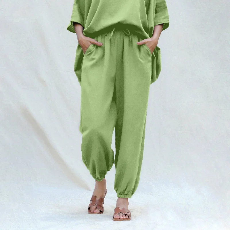 Weekend Deals That Sparkle Green Cotton Flax High-Rise Elasticated Jogger Pant