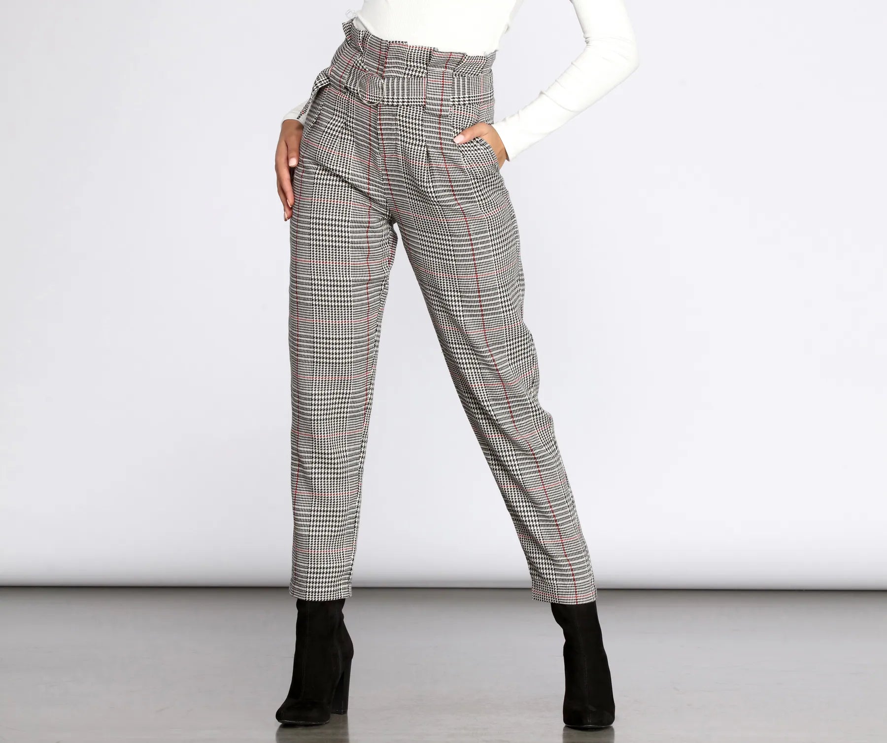 Low Prices Glen Check Paper Bag Belted Pants