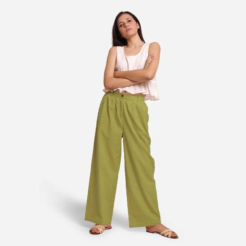 Weekend Offers That Tempt Olive Green Cotton Flax Elasticated Wide Legged Pant