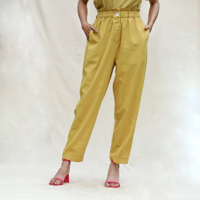 Best Seller Light Yellow Handspun Cotton High-Rise Elasticated Paperbag Pant
