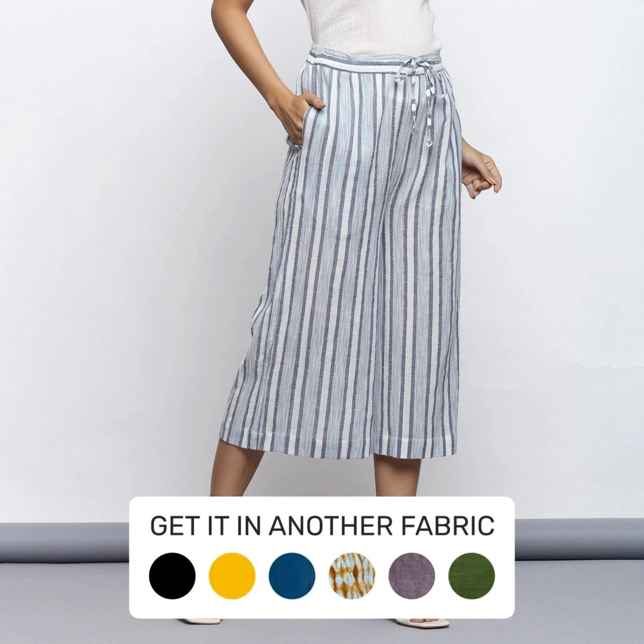 Deal Zone Sky Blue Striped Crinkled Cotton Elasticated Mid-Rise Culottes