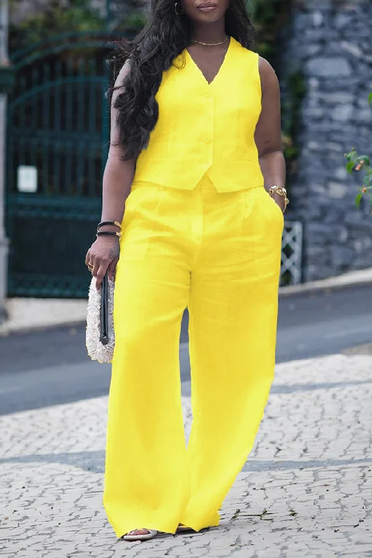 Today Only Classic Solid Color Vest & Straight Leg Pants Set