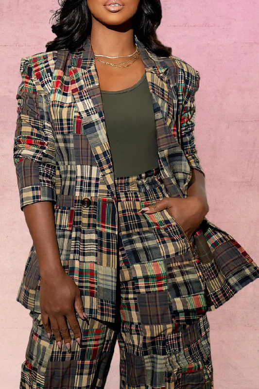 Limited Availability Chic Plaid Blazer & Drawstring Cargo Pants Set