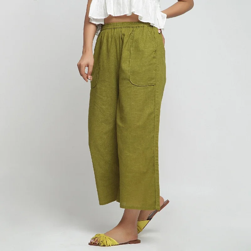 Overstock Clearance Olive Green Cotton Mid-Rise Elasticated Wide Legged Pant