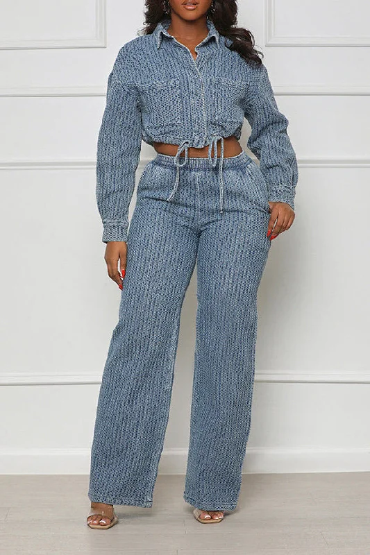 Price Cut Versatile Drawstring Denim Top & Pants Set
