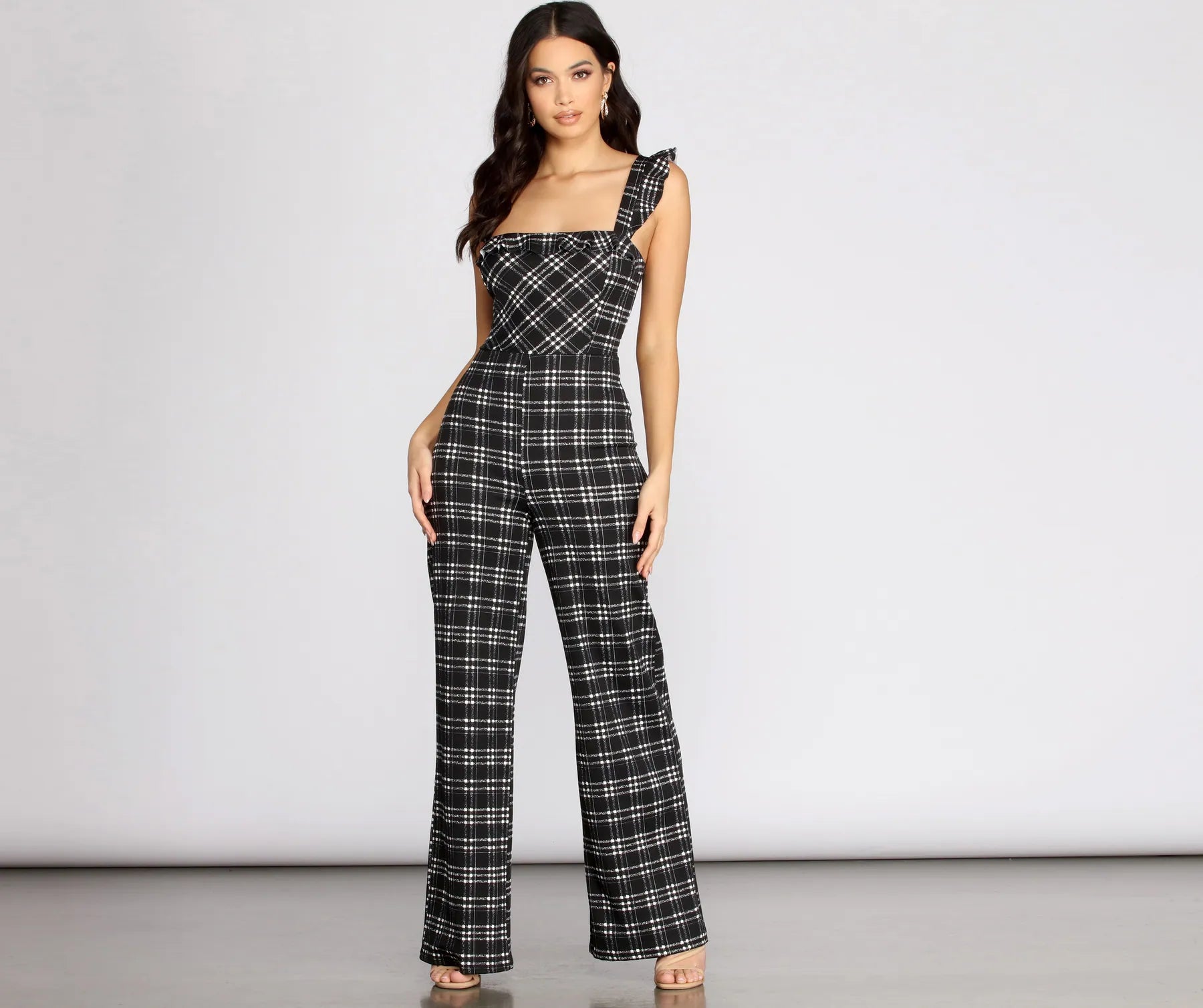 Sale Event Time To Play Ruffle Plaid Jumpsuit