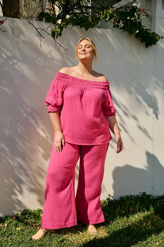 YEAR-End Sale Camille Crinkle Cotton Wide Leg Pant in Pink Glo