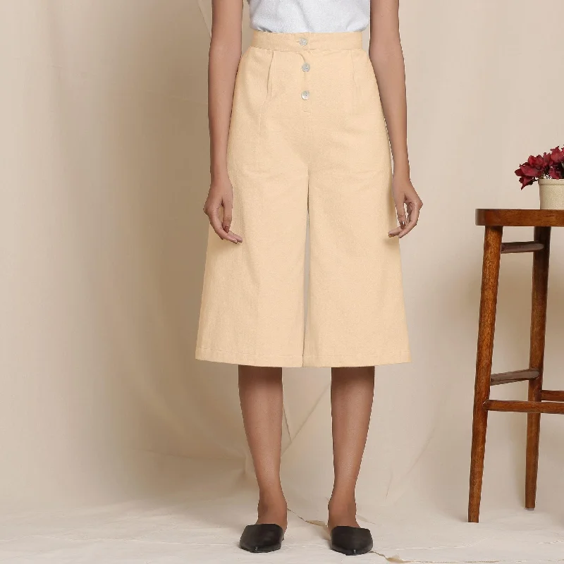 Year-End Deals Solid Beige Warm Cotton Flannel High-Rise Culottes
