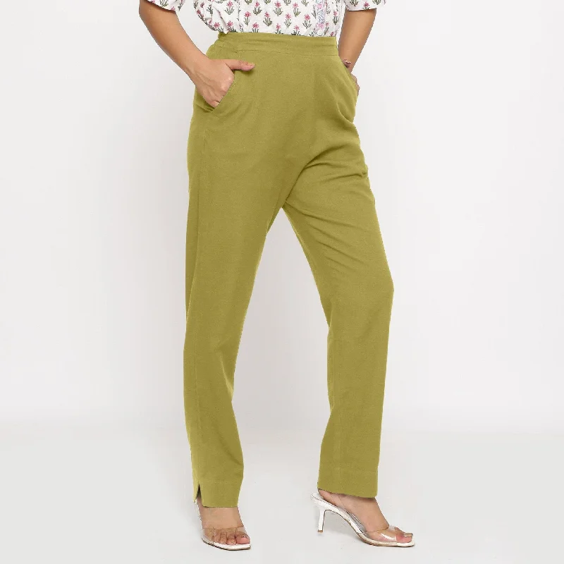 Weekend Discounts to Celebrate Olive Green Cotton Flax Elasticated Mid-Rise Tapered Pant