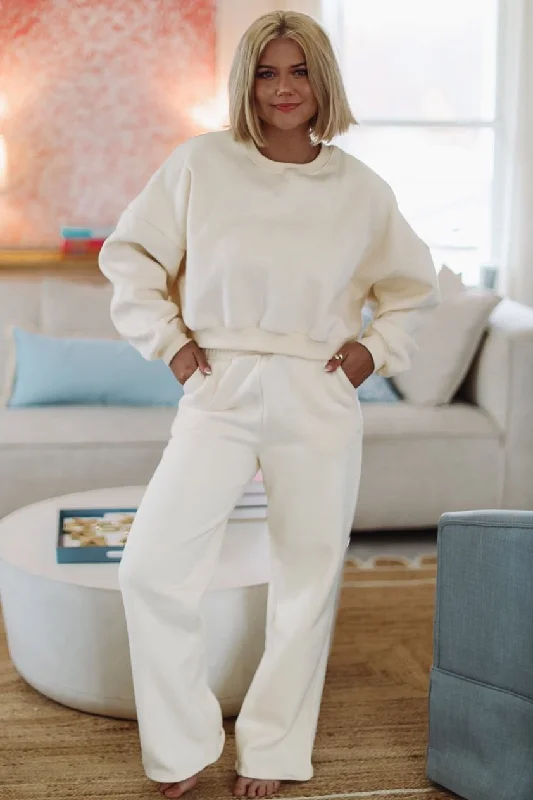 Deal Frenzy Stay Cozy and Cuddle Wide Leg Sweat Pants  - Cream