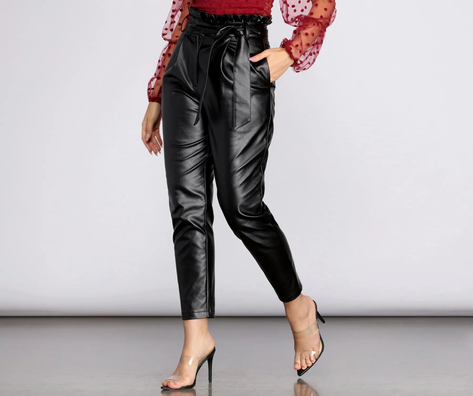 Weekend Offers That Amaze Paper Bag Tie Waist PU Tapered Pants