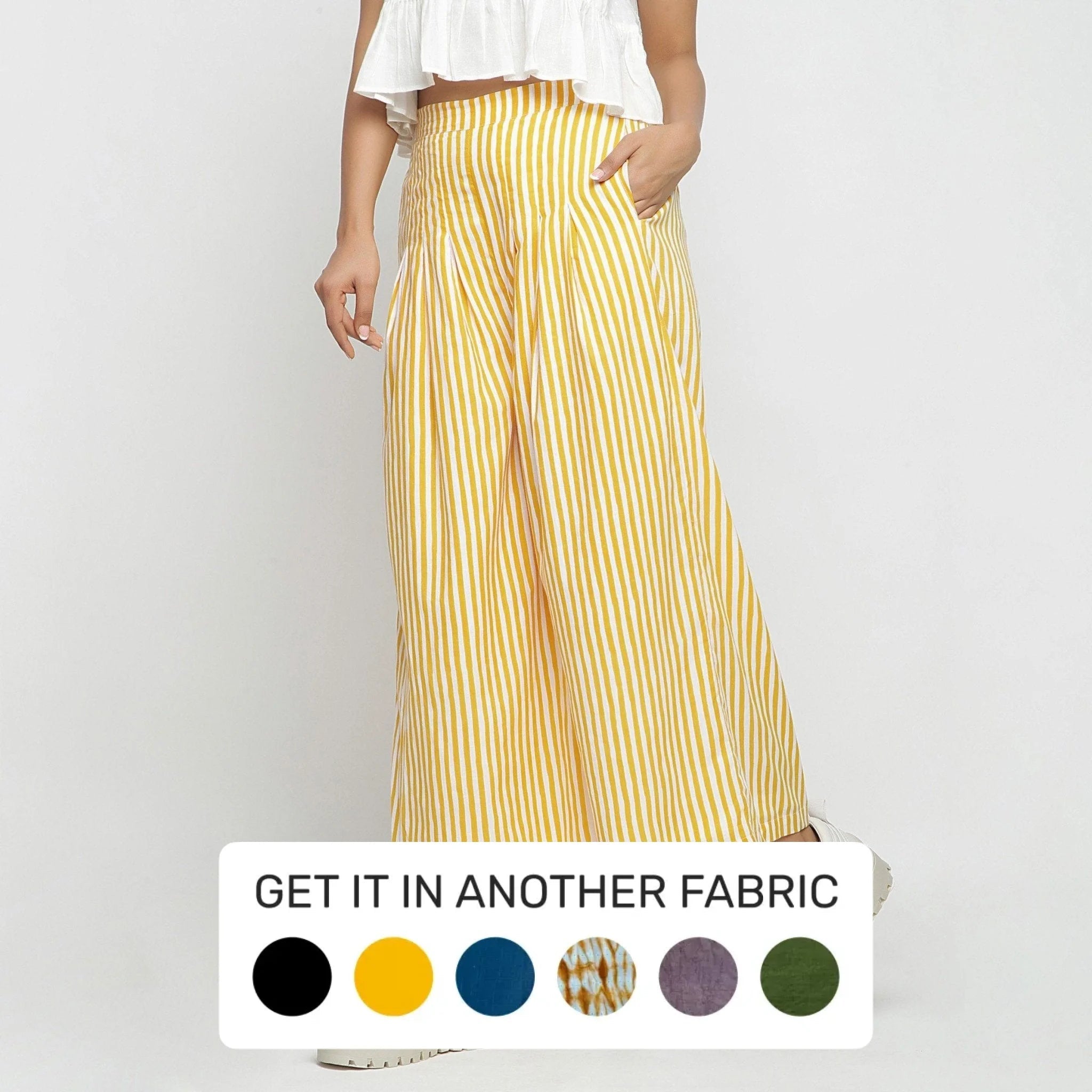 Friends and Family Sale Yellow Striped Hand Screen Print Elasticated Wide Legged Cotton Pant