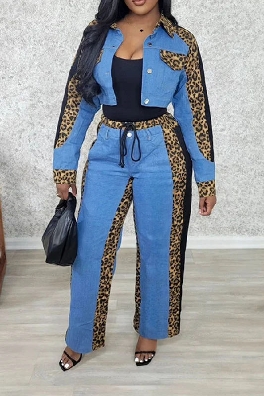 Today's Special Leopard Print Patchwork Denim Short Jacket & Pants Set