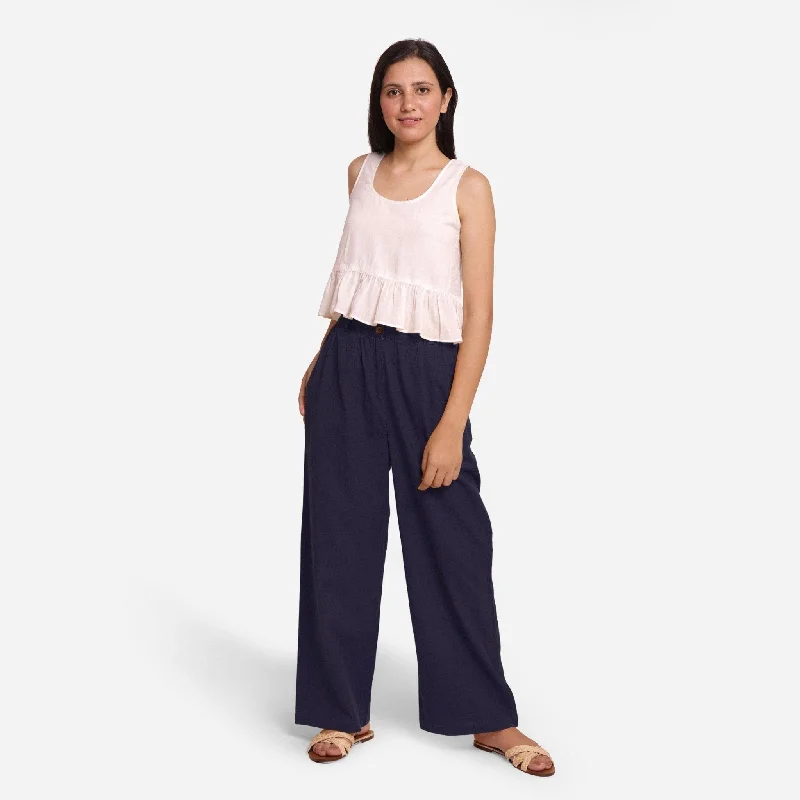 Weekend Flash Sale Navy Blue Cotton Flax Mid-Rise Elasticated Wide Legged Pant