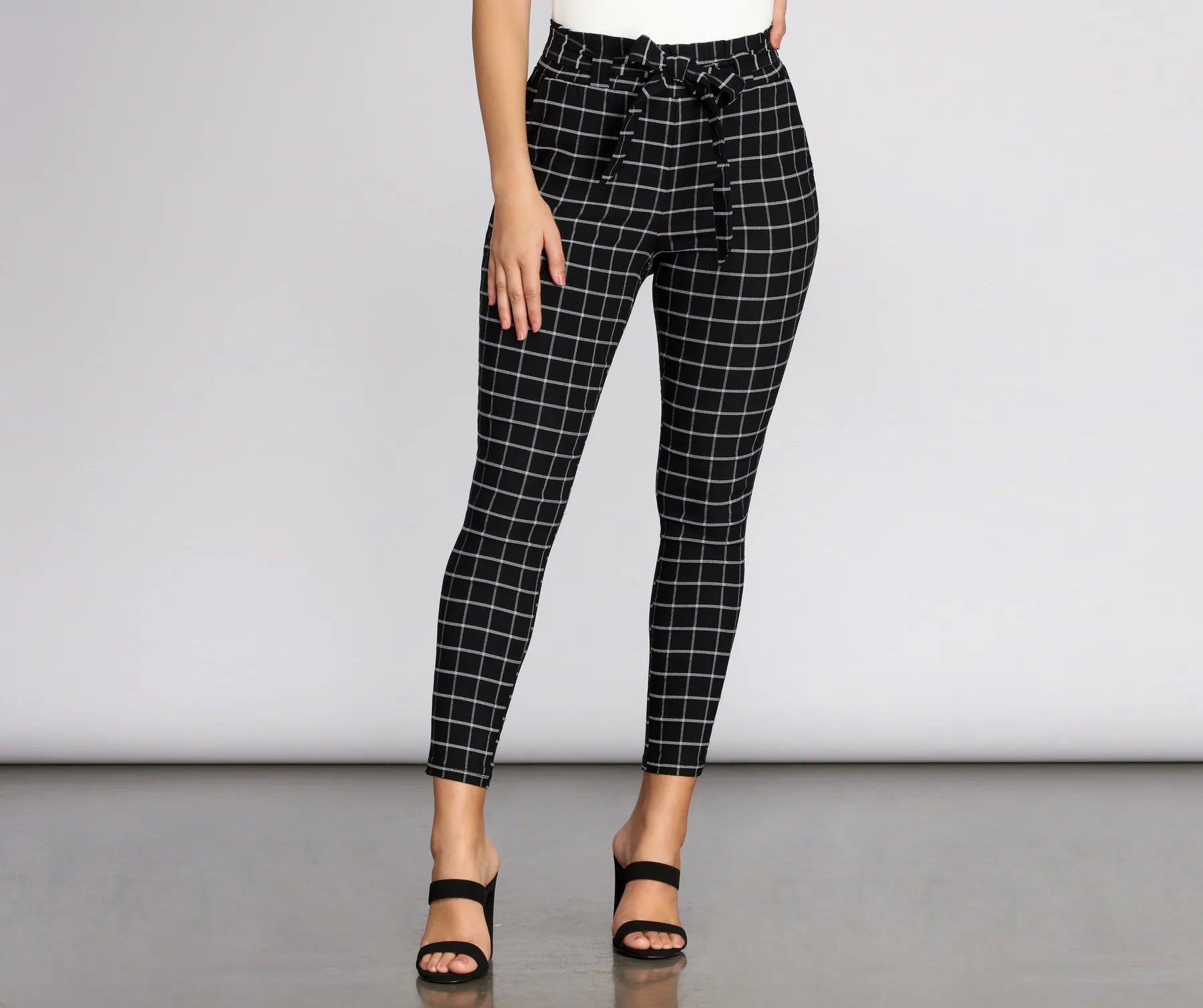 Weekend Specials Just for You Plaid Paper Bag Tie Waist Skinny Pants