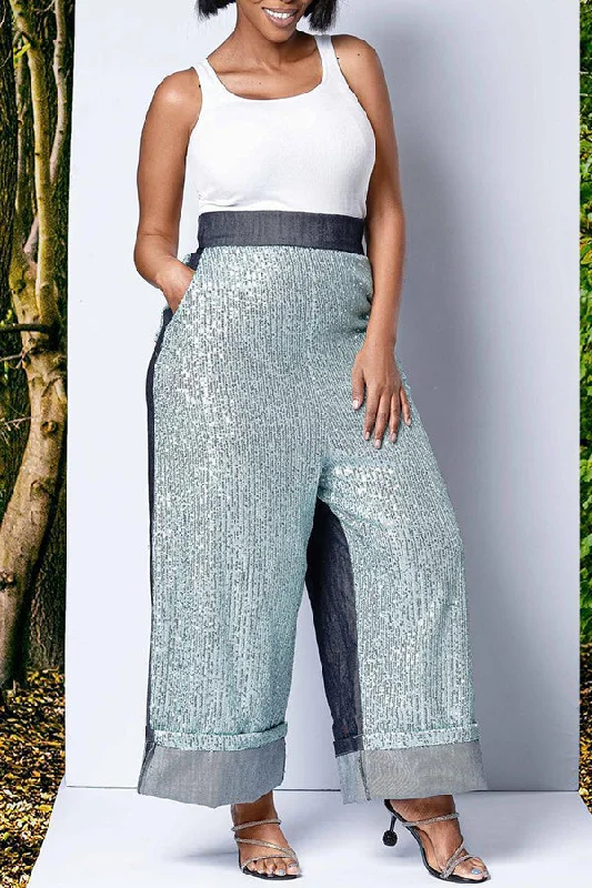 Weekend Offers That Shine Chic Sequin Panel Straight Leg Pants