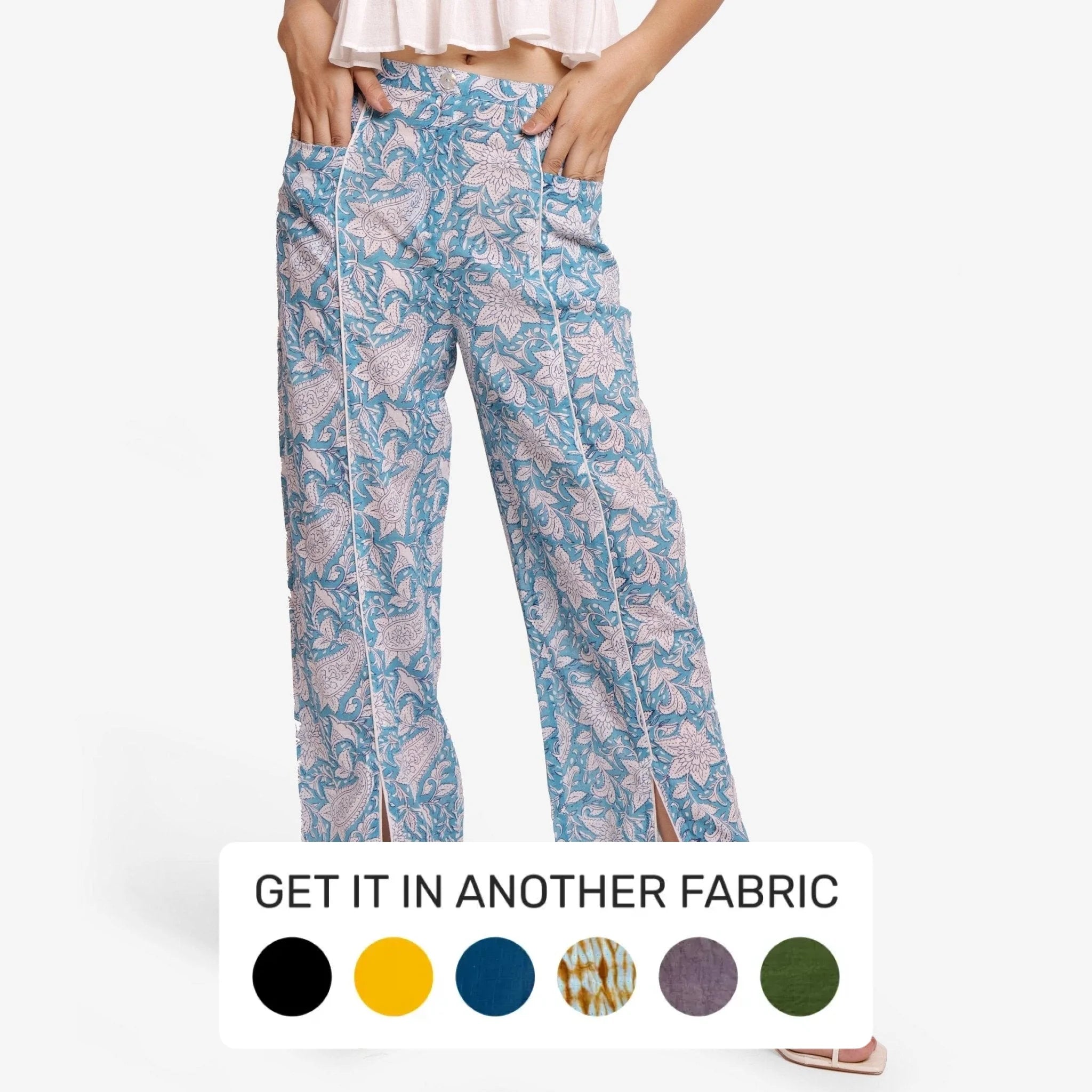 Weekend Deal Turquoise Paisley Block Print Mid-Rise Cotton Pant